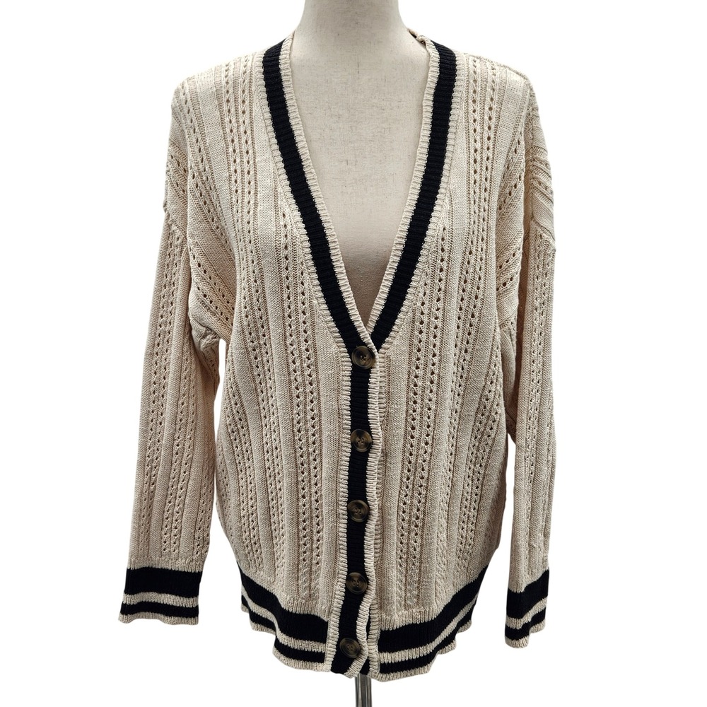 Sanctuary Sport Stripe Cardi Eco Natural V Neck Button Front Women's‎ L